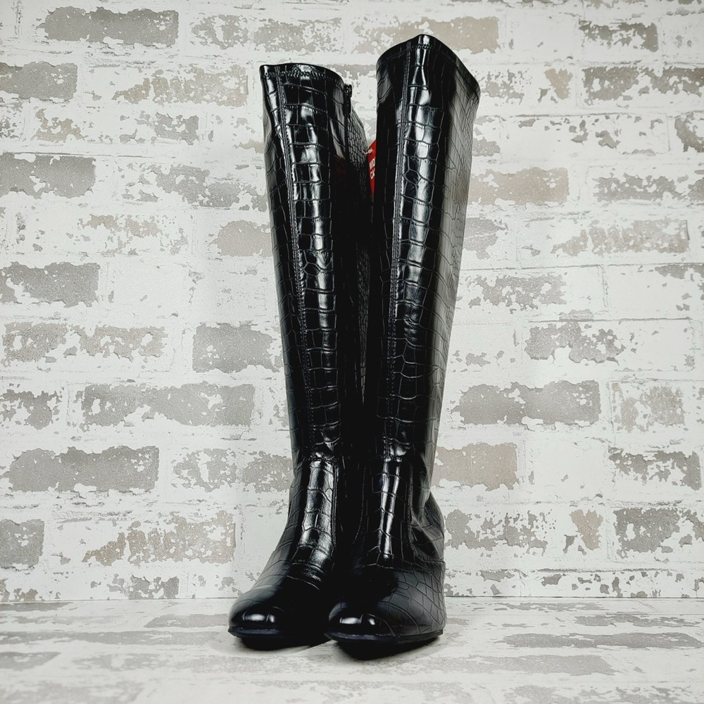 NEW Franco Sarto Talfer Knee High Faux Leather Black Croc Boots T541 - Picture 2 of 12